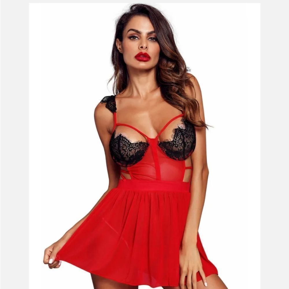 Eyelash Trim Lace Babydoll with Thong Lingerie Set Sexy Valentines Day Gifts